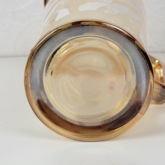 Vintage Jeanette Marigold Pitcher 9" Amber Peach Carnival Glass‎ Feather - Picture 9 of 13
